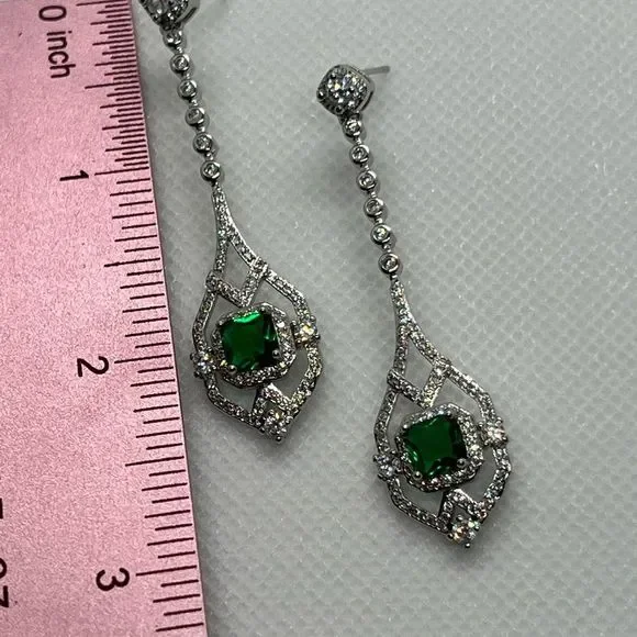 Diamond and emerald cubic zirconia earrings - Picture 6 of 7